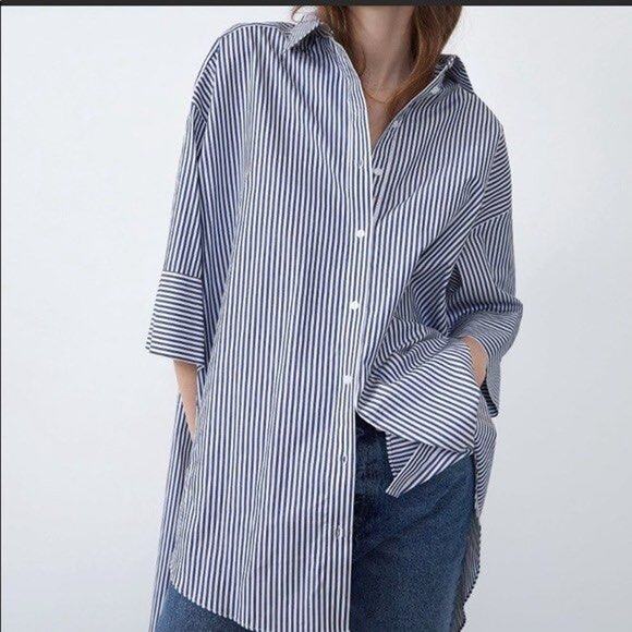 Zara Striped 3/4 Sleeve Oversized Poplin Tunic Button-Up Shirt Blue White XS - Picture 1 of 7